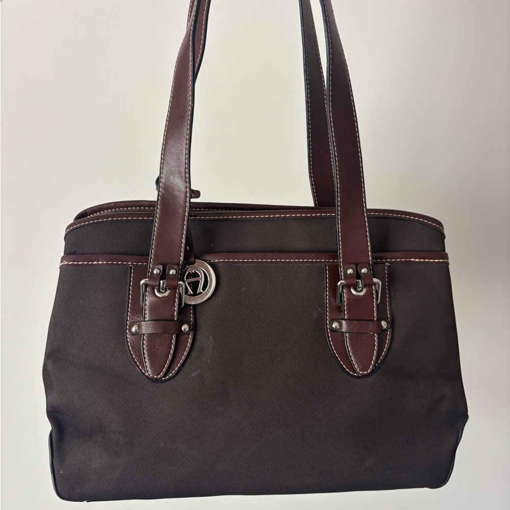 Brown Nylon Tote with Dark Brown Leather Trim